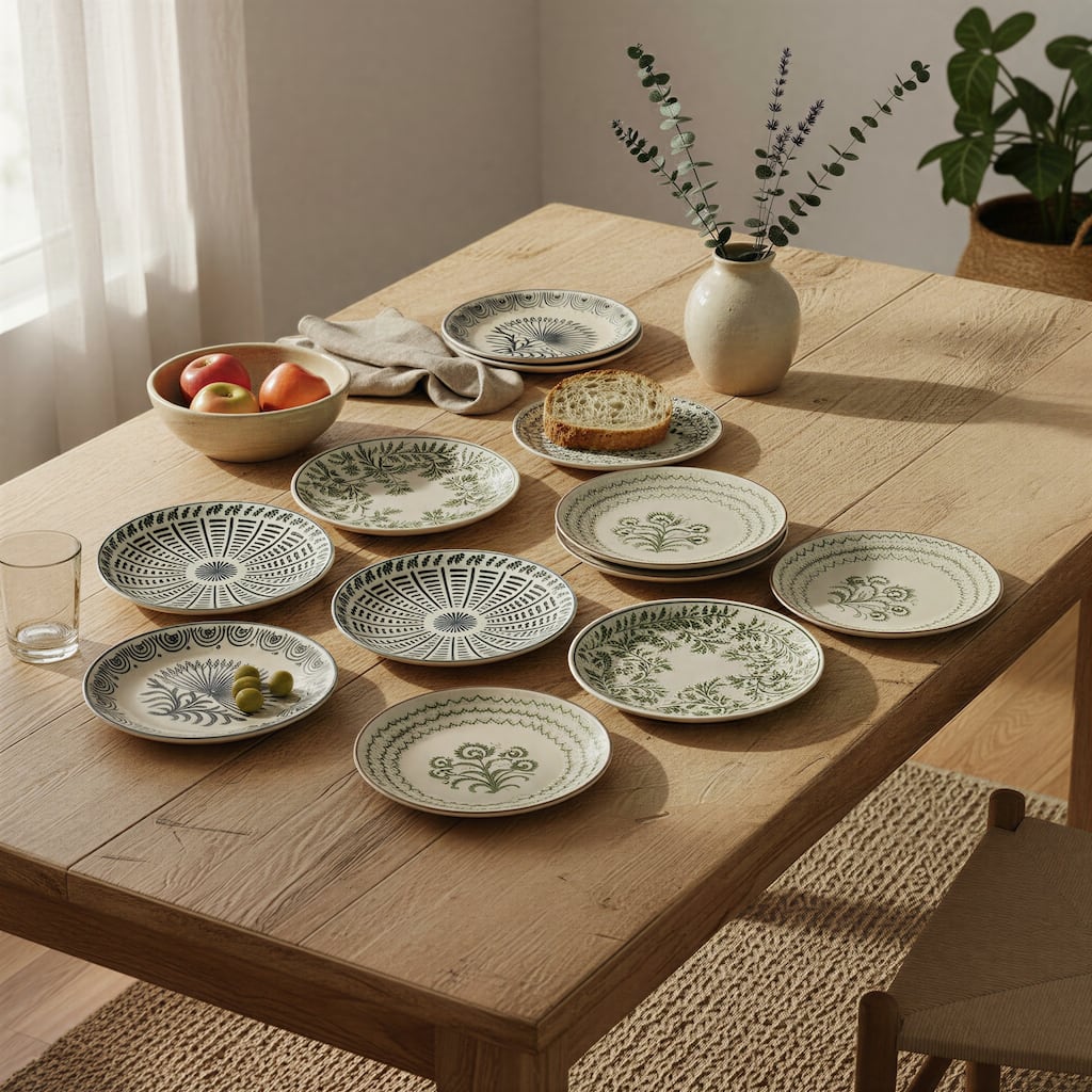 Stoneware Plates Dinnerware Set with 4 Pattern Prints - 6.0"L x 6.0"W x 1.0"H