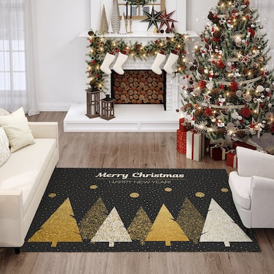 Indoor/ Outdoor Cozy Winter Black Washable Christmas New Year Rug