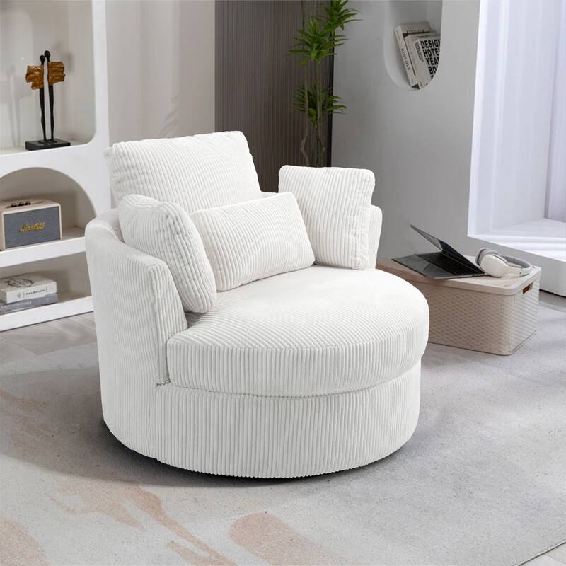 41" W Oversized Accent Barrel Swivel Chair with Moon Storage Ottoman - Single Chair - Beige Corduroy