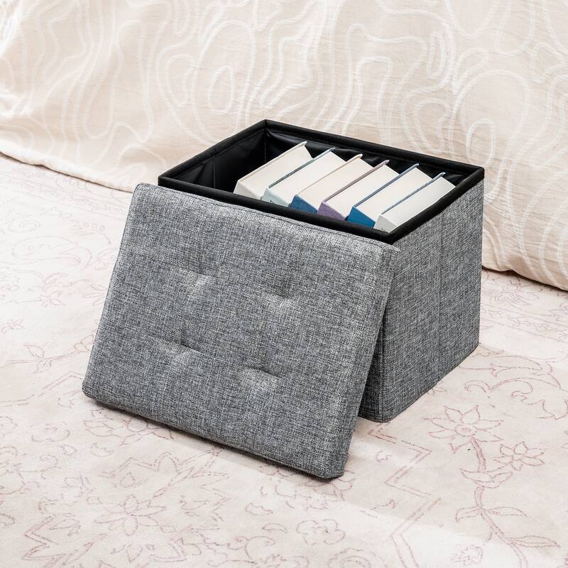 Adeco Foldable Linen Storage Ottoman with Tufted Button Design