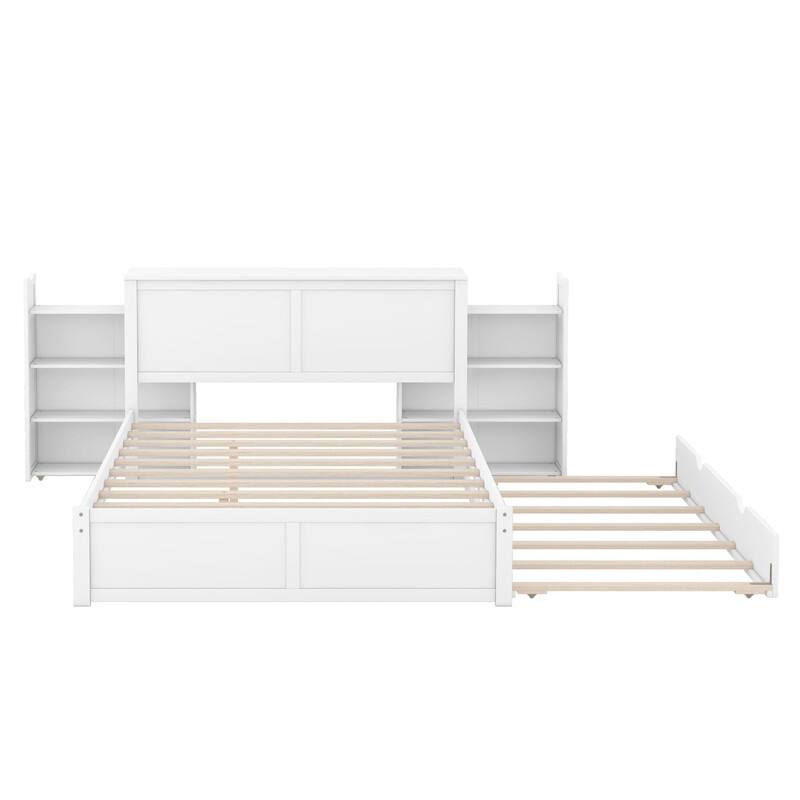 Wooden Storage Platform Bed with Bookcase Headboard, Full/Queen Bed Frame with Twin Size Trundle and Pull Out Shelves