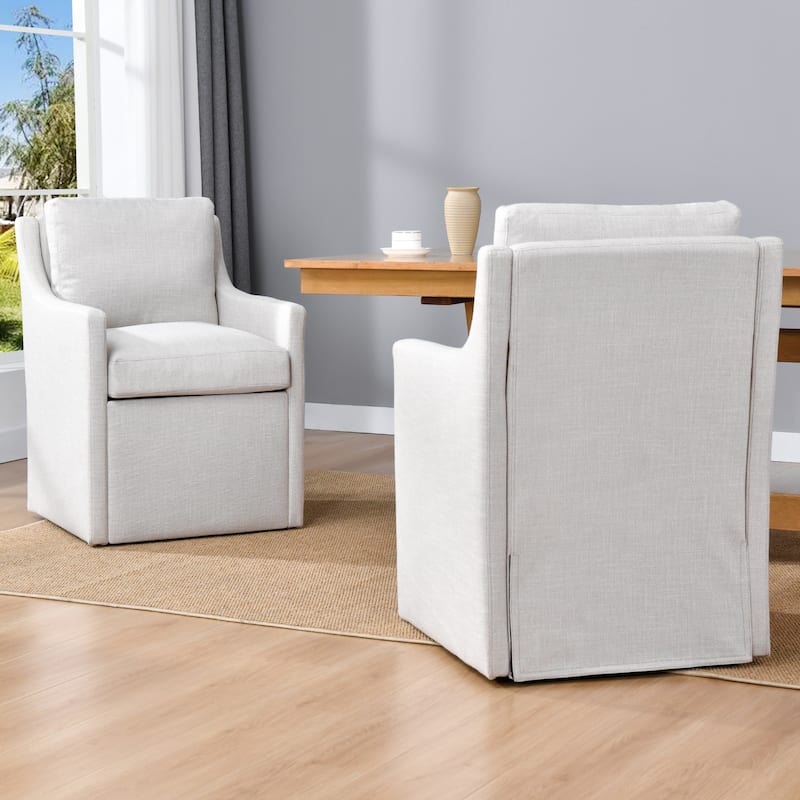 Modern 19.7" Wide Upholstered Rolling Linen Dining Chair - Set of 2 - Armrest-Cream