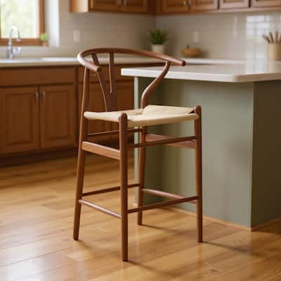 HomeRoots 27" Beige and Walnut Solid Wood Counter Height Bar Chair