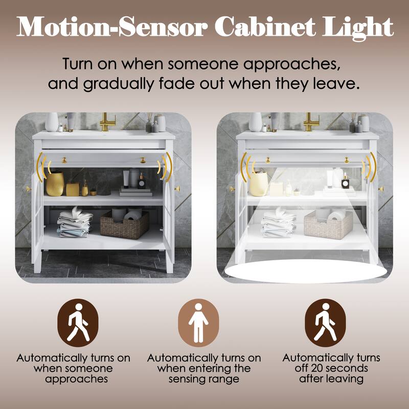 35.6" Mid-Century Bathroom Vanity Sink with Patterned Glass & Motion-sensor Light Strip, Freestanding