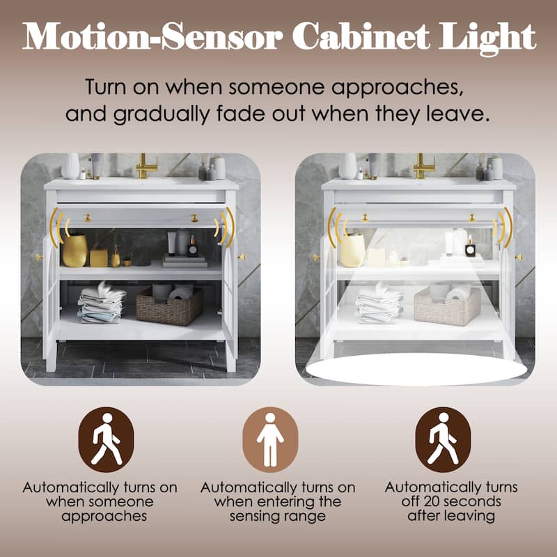 Modern Single Sink Bathroom Vanity Cabinet with Motion-sensor Light Strip & Patterned Glass, Ceramic Integrated Basin