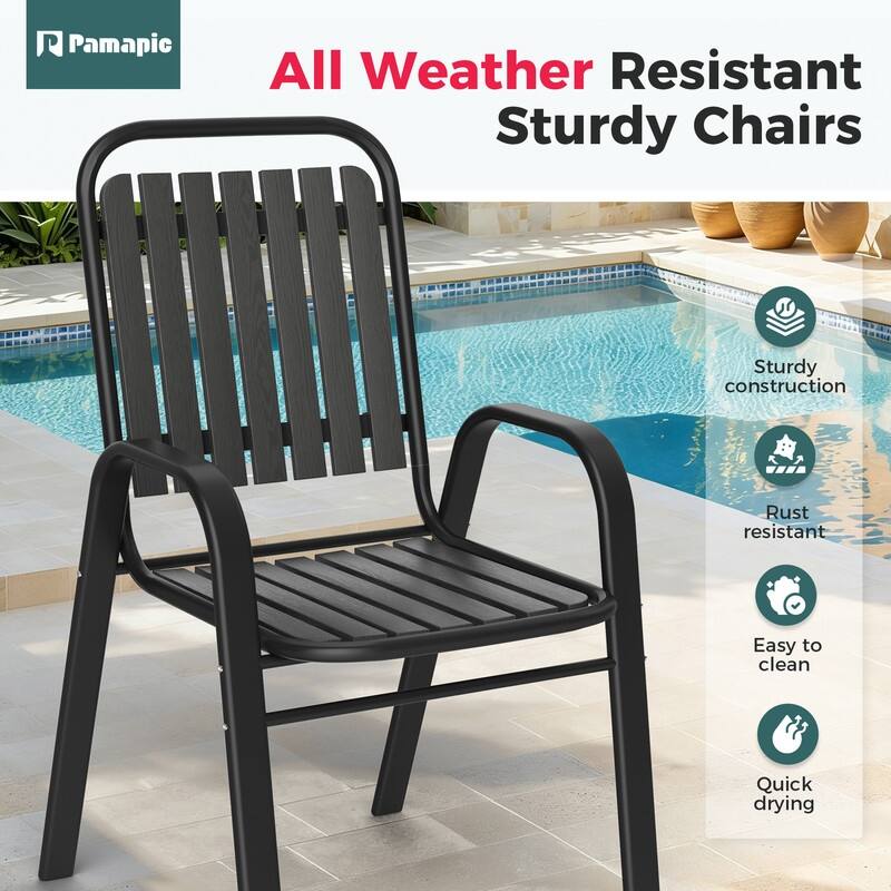 4-Person Patio Dining Set, Stackable Chairs and Square Steel Table with Umbrella Hole