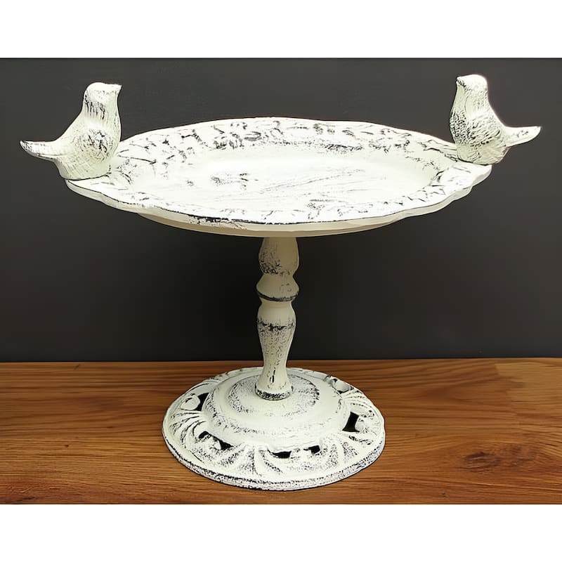 Antique White Cast Iron Bird Bath Aged Vintage Style Garden or Outdoor Decoration with Timeless Appeal - 11.5"W x 8.75"H x 6"D