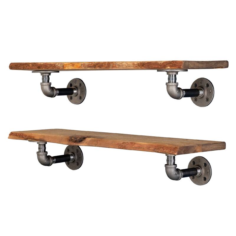 PIPE DECOR Live Edge Reclaimed Wood Shelf with Industrial Pipe Brackets, Set of 2 - 24 in. - Trail Brown