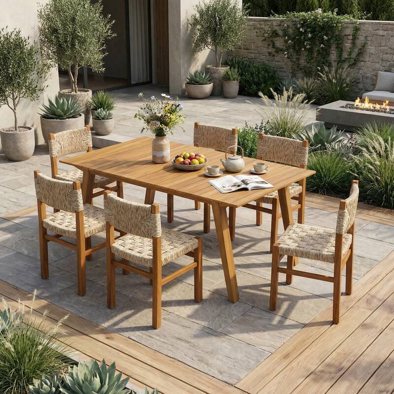 Christopher Knight Home - 7-Piece Rustic Acacia Wood Outdoor Dining Table Set with Wicker Woven Dining Chairs - Light Grey+Teak Finish