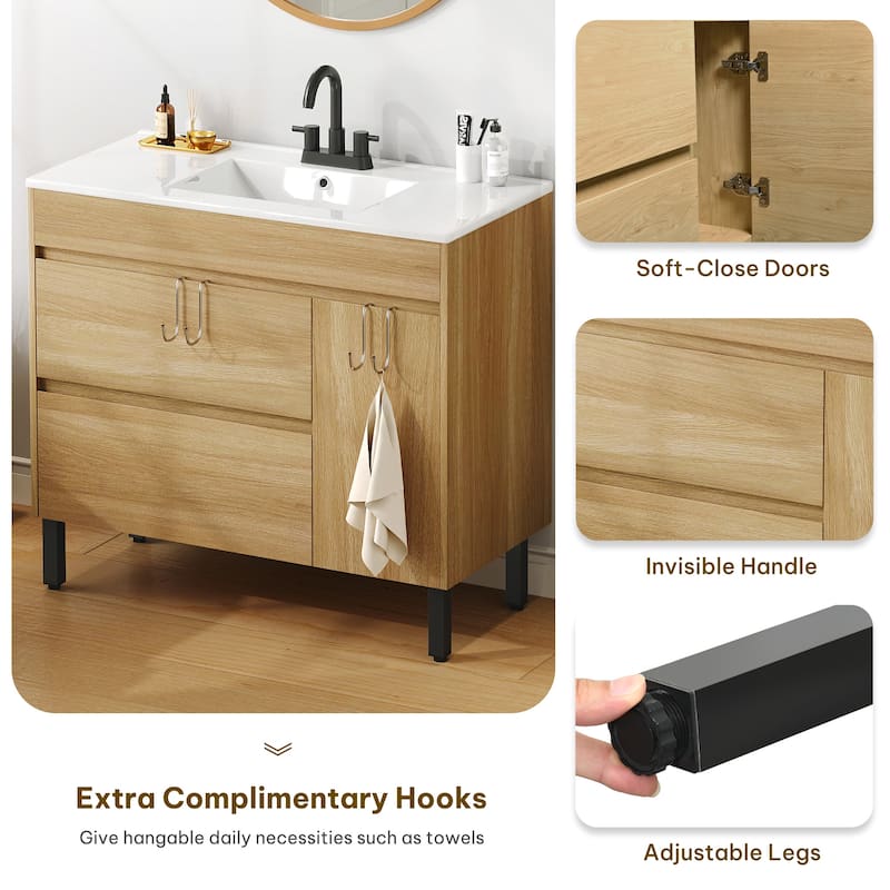 Moasis 36 Inch Freestanding Bathroom Vanity with Ceramic Sink 1 Cabinet and 2 Drawers