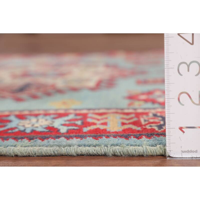 Light Blue Geometric Kazak Foyer Rug Hand-Knotted Oriental Wool Carpet - 3'5" x 4'10"