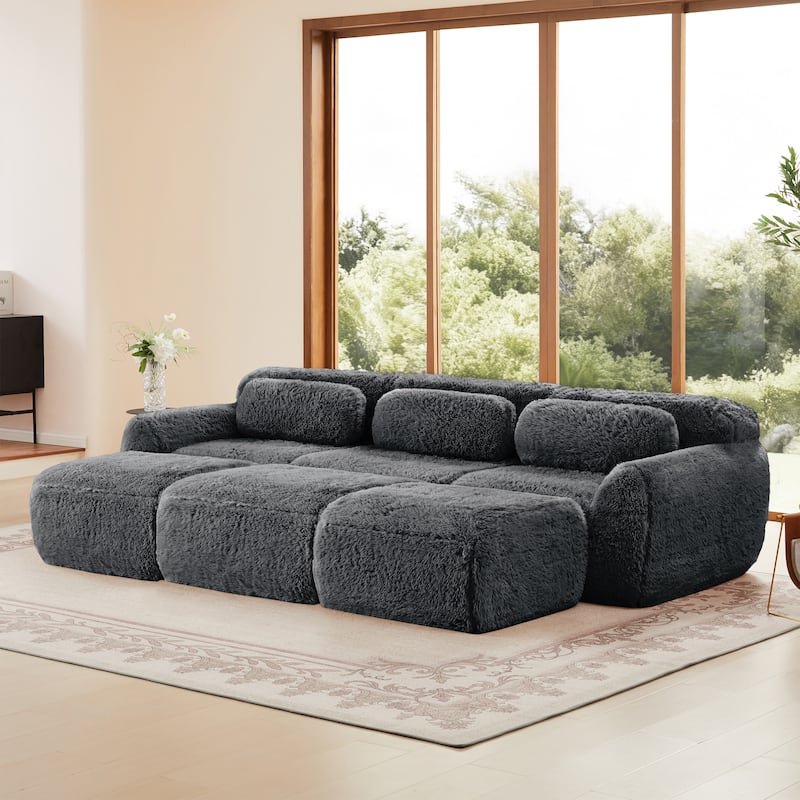 3-Seater Soft Plush Fabric,Movable Ottoman Free Combination,Bottom Anti-Slip Design