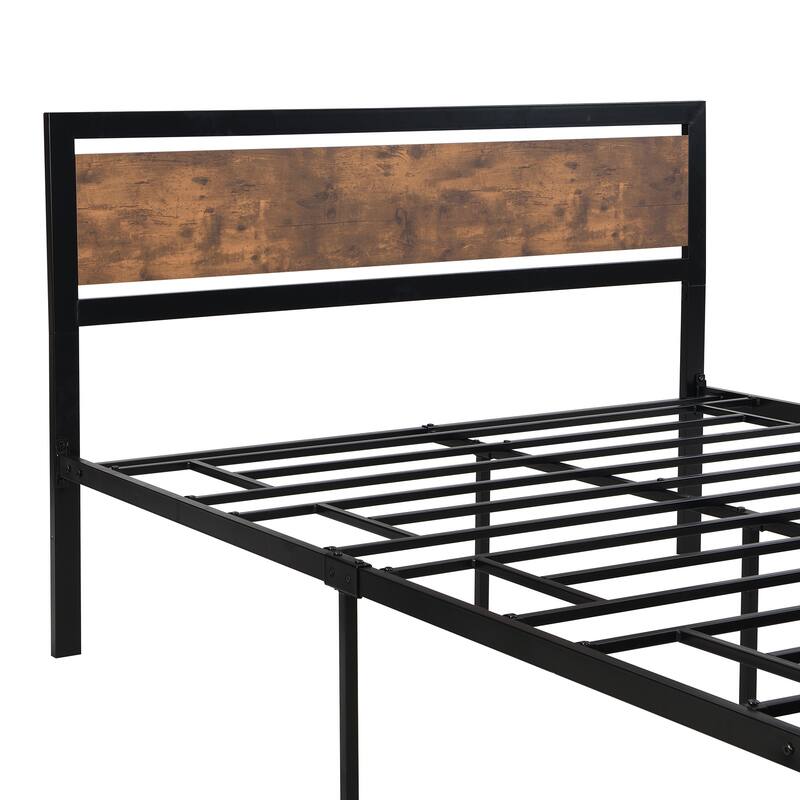 Queen Size Metal&Wood Bed Frame Platform Bed with Headboard and