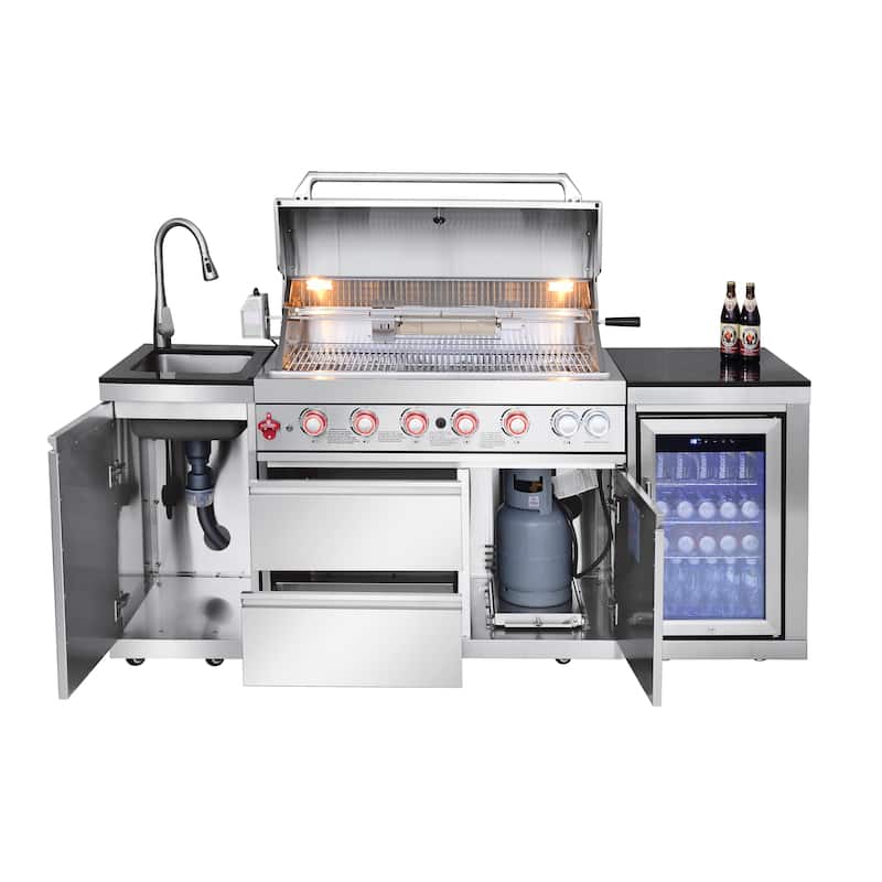 GDFStudio Kryvannon Stainless Steel Outdoor Kitchen Island Grill with 6 Burners and Compact Refrigerator