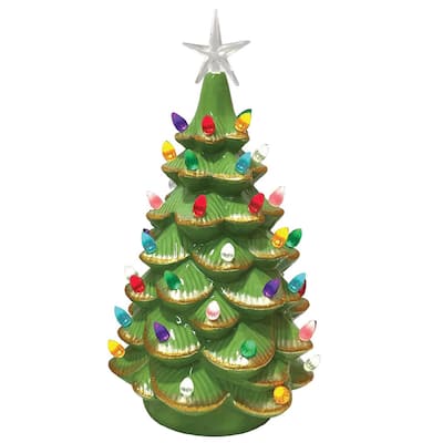 14 inch Lighted Green Ceramic Tree with Gold Tips