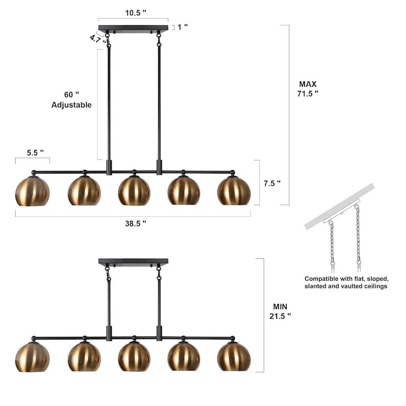 Modern Black Gold 5-Light Linear Chandelier Kitchen island Pendant Lights with Metal Shades - L38.5" x W5.5" x H7.5"