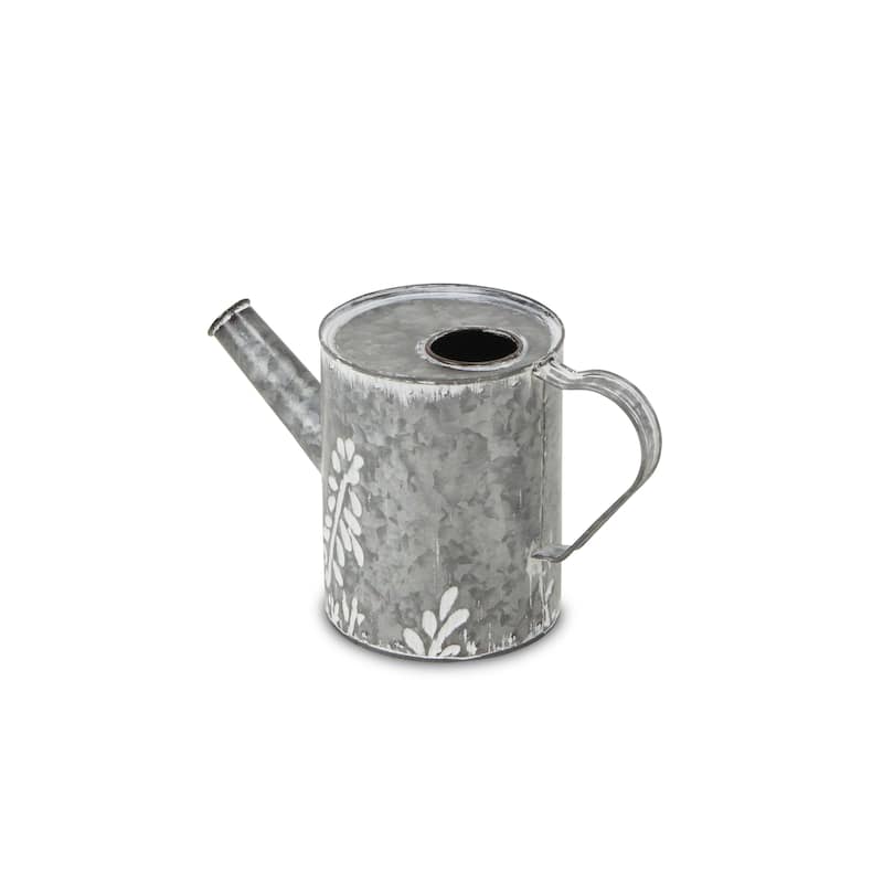 HomeRoots 6" Gray And White Galvanized Metal Flowers Hand Painted Decorative Watering Can - 10.50 in. x 6.00 in. x 4.75 in.