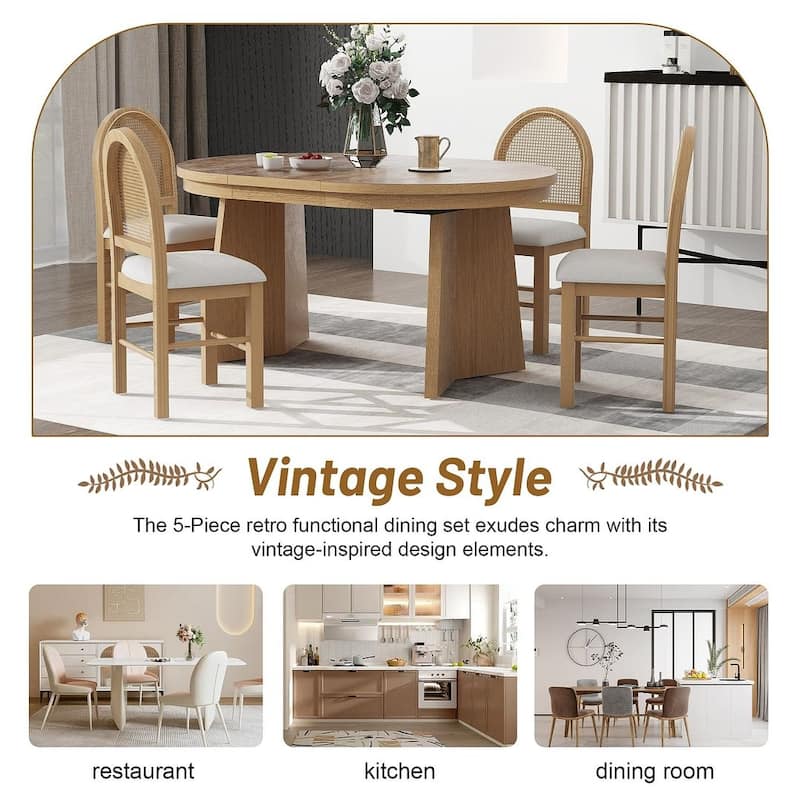 5 PCS Retro Functional Extendable Dining Set for 4 with 4 Upholstered Chairs with Rattan Backrests