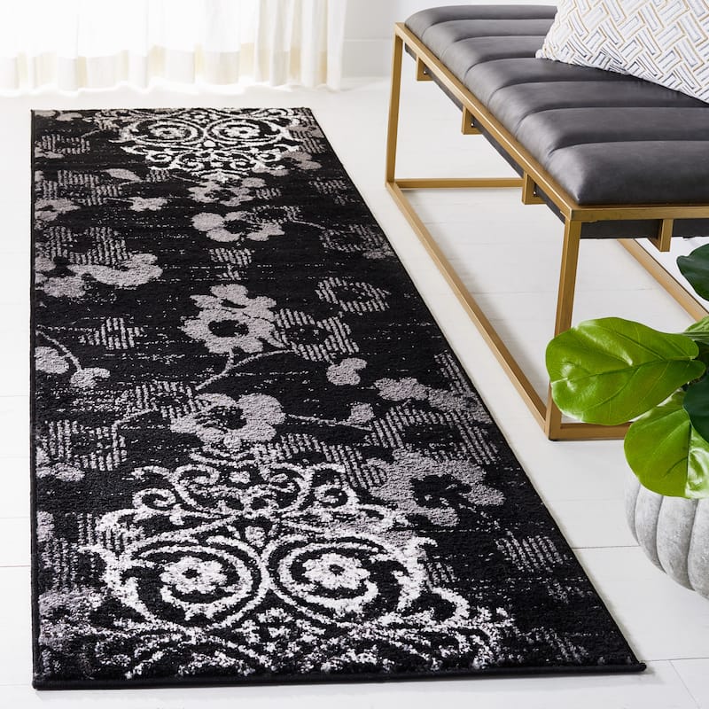 SAFAVIEH, Adirondack Rena Damask Floral Distressed Rug - 2'6" x 22' Runner - Black/Silver