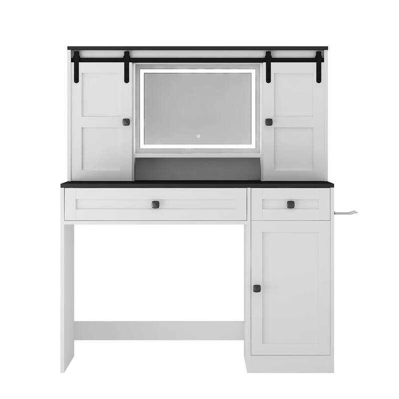 Vanity Desk with Lighted Mirror, Large Dressing Table Set, Makeup Vanity Table with Hair Dryer Holder, Drawer & Open Shelves