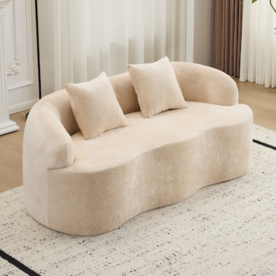 Beige Curved Loveseat Sofa With Round Armrest, Compression Couch With 2 Pillows, Cream Couch For Small Space