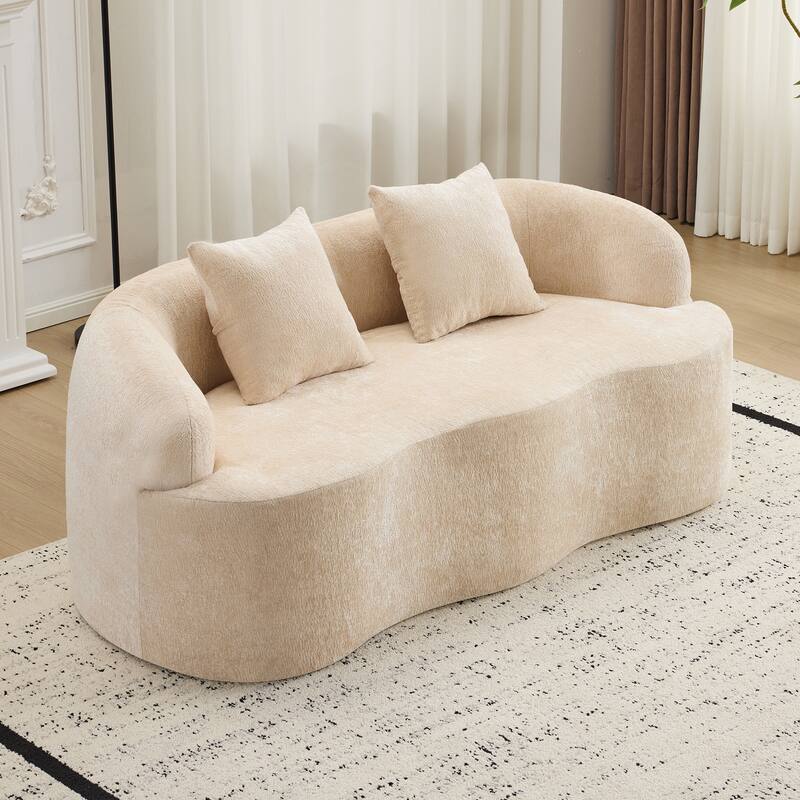 Curved Loveseat Sofa with Round Armrest & 2 Pillows, No Assembly - Beige
