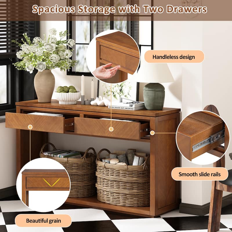 Console Table, Rustic Wooden Entryway Table With Storage Drawers And Open Shelf, Elegant Sofa Table