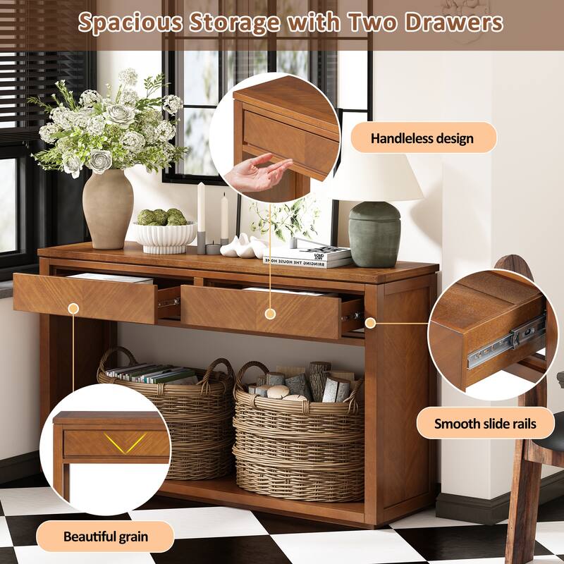 Rustic Wooden Console Table with Drawers and Shelf