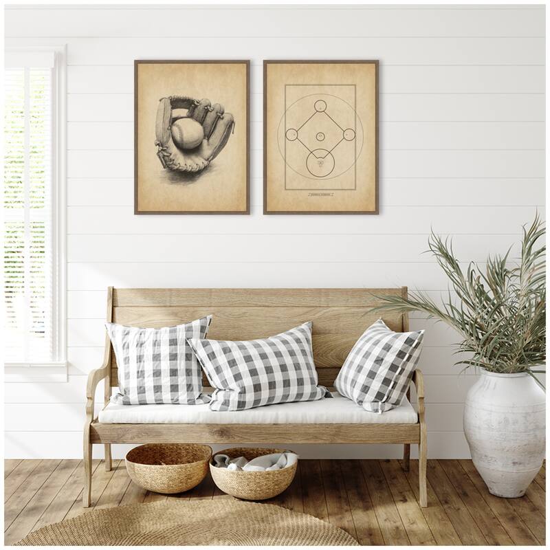 Kate and Laurel Walnut Antique Baseball 2 Piece Framed Canvas Wall Art Set by The Creative Bunch Studio