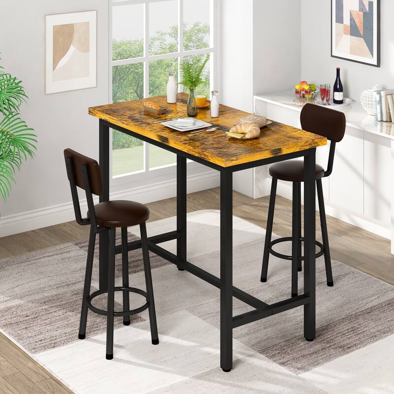 2 - Person Breakfast Nook Dining Set, Rectangular Pub Bistro Table and 2 Upholstered Chairs with Back for Home Kitchen