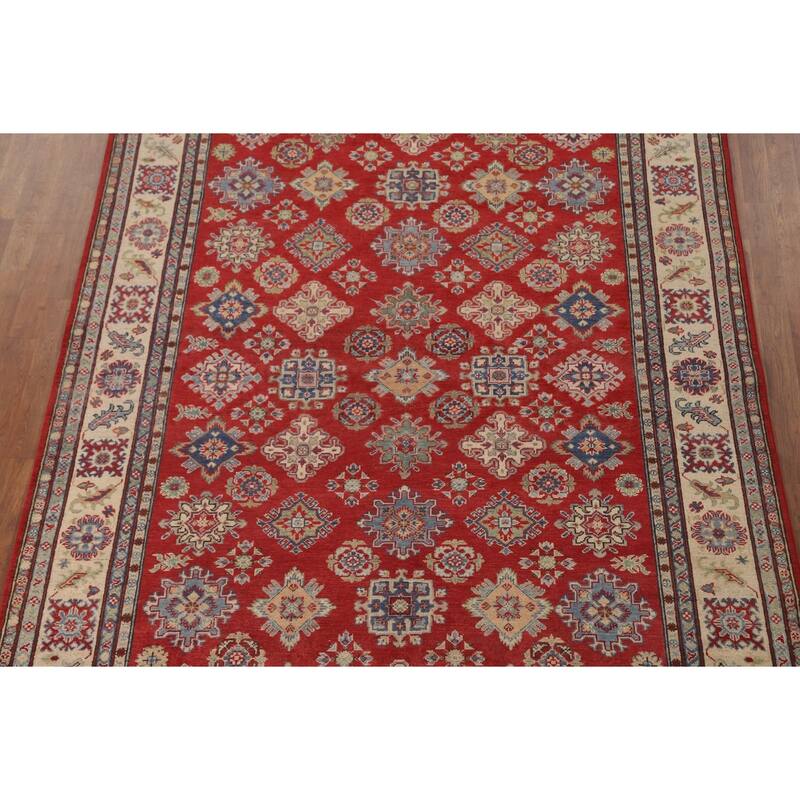 All-Over Geometric Kazak Area Rug Hand-Knotted Wool Carpet - 6'6" x 9'6"