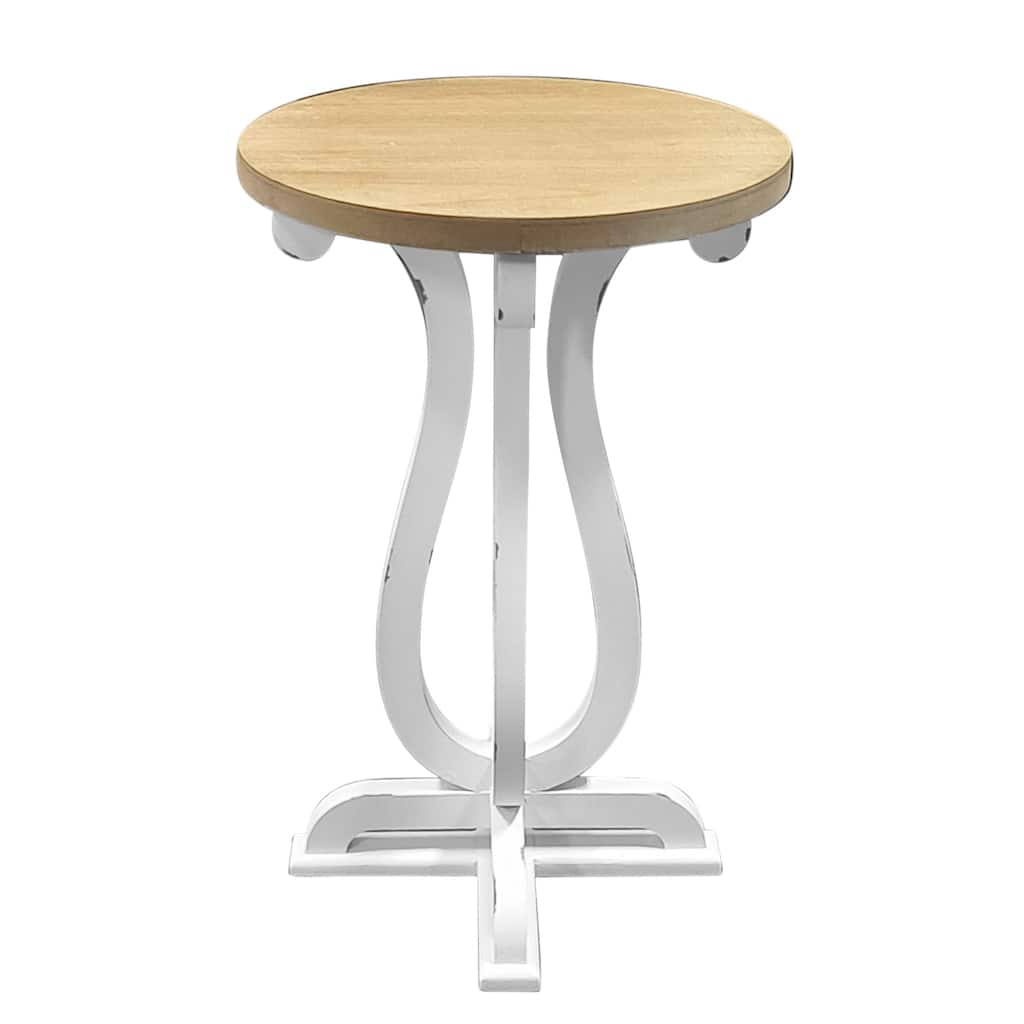 Wood Round Sofa Table with Natural Wood Tabletop and Distressed White Base