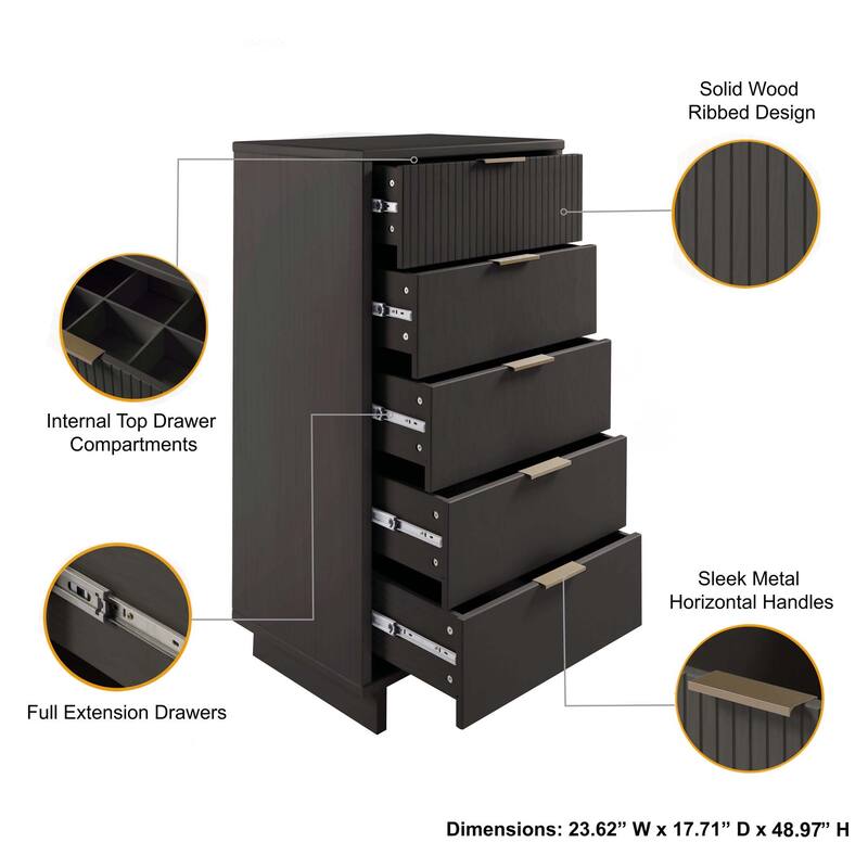 Manhattan Comfort 3-Piece Granville Modern Solid Wood Narrow Chest Dresser Nightstand Set.