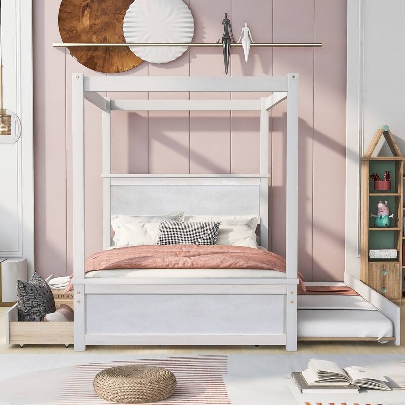 Full Size Wood Canopy Bed with Trundle and 2 Drawers