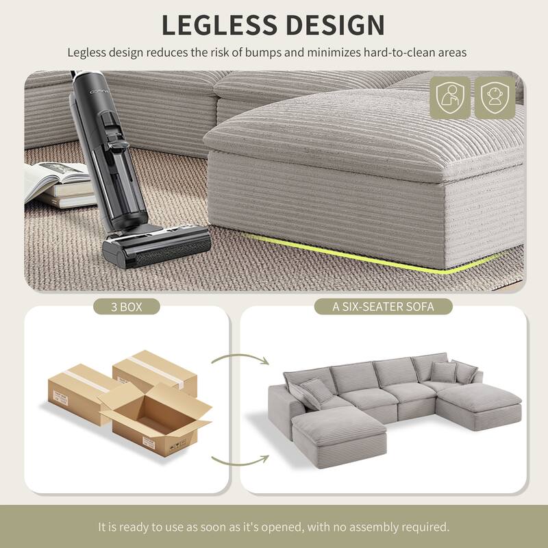 U Shaped Modular Sectional Sofa with Ottomans, Oversized Corduroy Upholstered Cloud Sofa, Fully Compressed 6 Seat Sofa