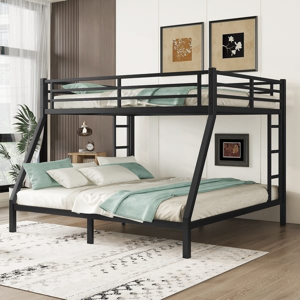 slide 2 of 11, Black Queen over King Size Metal Bunk Bed with Fence, Ladder, and Noise-Reducing Design Queen over King - Black