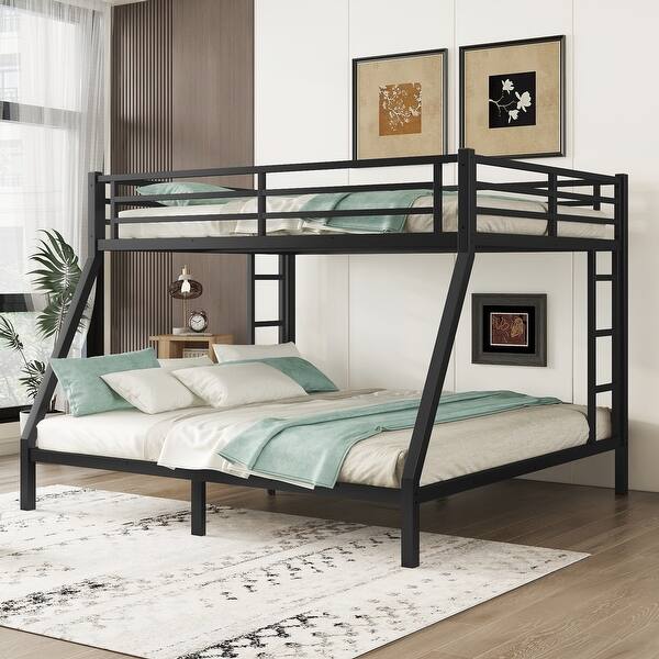 slide 2 of 11, Queen over King Size Metal Bunk Bed with Fence, Ladder, Space-Saving and Noise Reduced for Teens and Adults Queen over King - Black