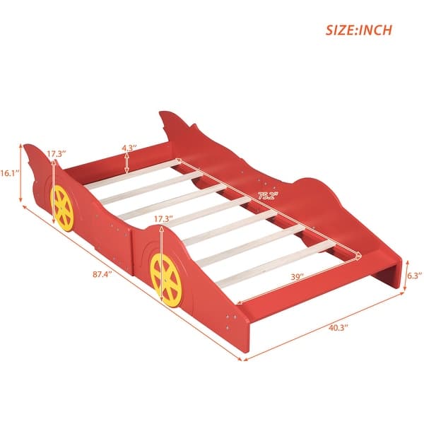 dimension image slide 0 of 3, Children's Platform Bed Twin Size Racing Car Bed with Guardrail, Pine Wood Frame, Slats Support and Fun Wheel Design