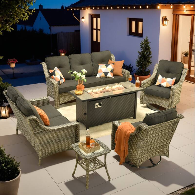 OVIOS 6-piece Patio Wicker Swivel Rocking Chair Set With Fire Pit - Black