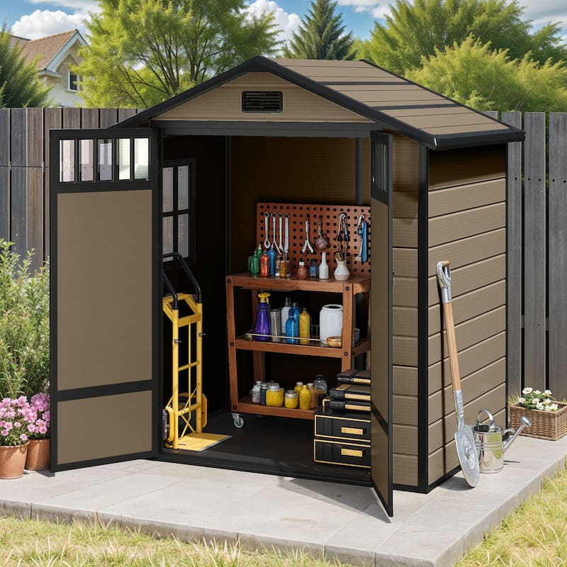 Moasis 6x4.4 FT Outdoor Storage Shed, All-Weather Resin Plastic Storage Shed with Windows, Slanted Roof, Raised Floor