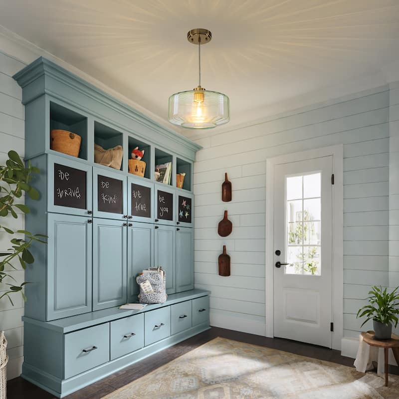 Mid-century Modern 1-Light Lantern Glass Pendant Light with Green Ribbed Glass Shade for Kitchen Island, Dining Room