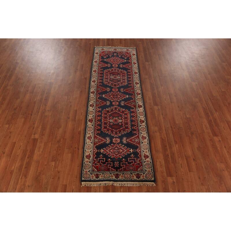 Geometric Viss Indian Runner Rug Handmade Wool Carpet - 2'7"x 8'0"