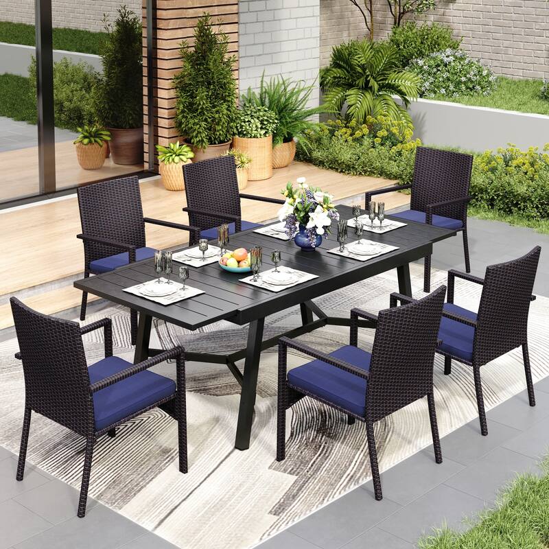 MAISON ARTS 7/9-piece Patio Dining Set, Expendable Rectangular Outdoor Dining Table with Rattan Chairs - Blue