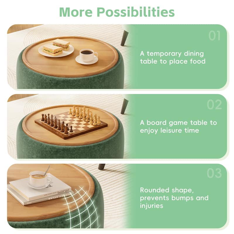 Roomfitters 29 Inch Round Storage Ottoman with Reversible Wooden Tray Top, Upholstered Coffee Table for Living Room