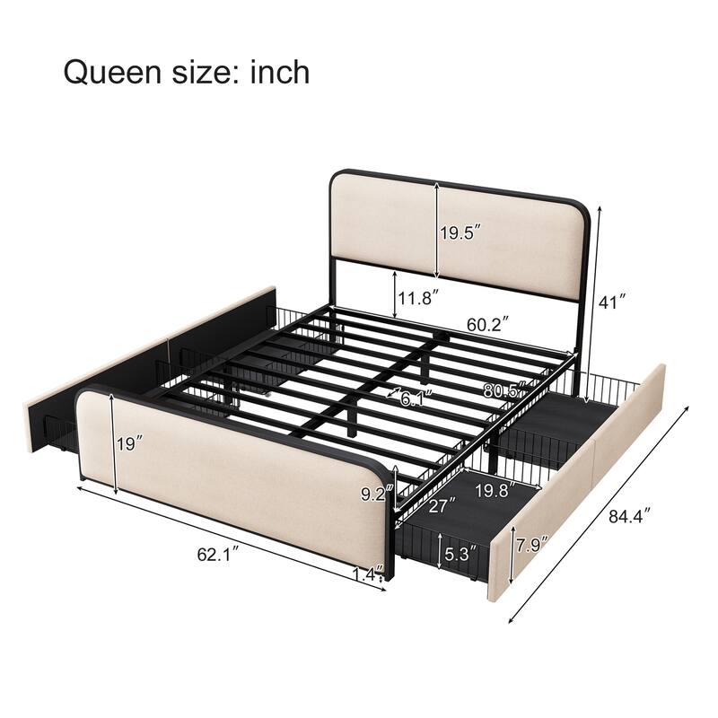 Queen Size Metal Bed Frame with Curved Headboard and 4 Storage Drawers