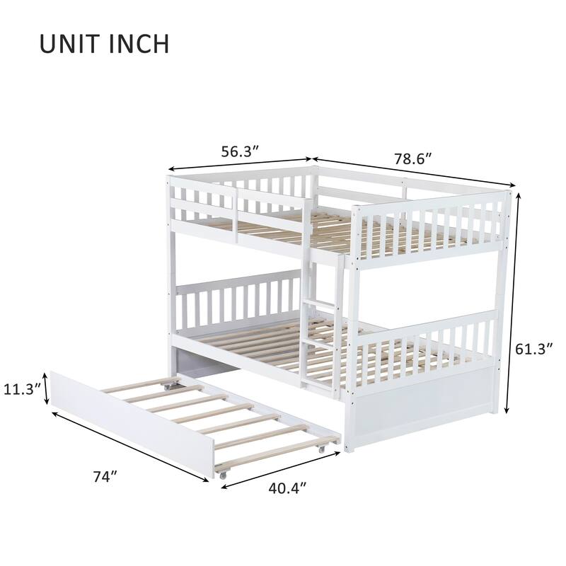 Full Over Full Rubber Wood Bunk Bed with Trundle, Convertible into Two Full Beds, Ladder and Guardrails Included