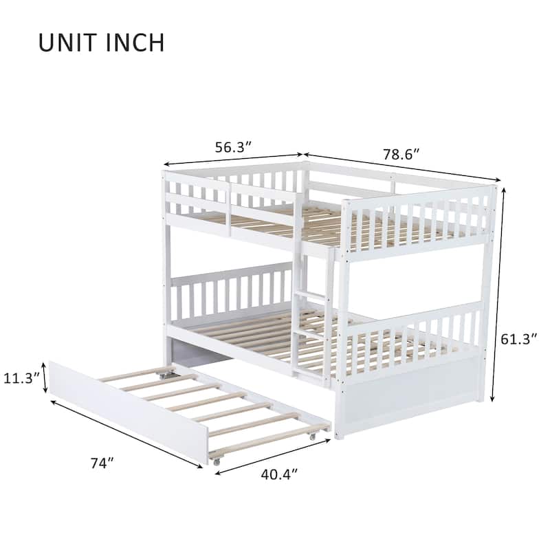 Full Over Full Rubber Wood Bunk Bed with Trundle,Ladder and Guardrails,Convertible to 2 Full Size Beds,with Twin Size Trundle