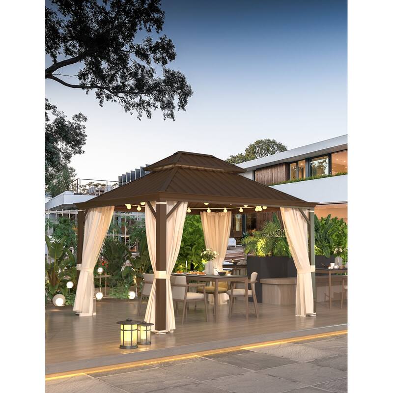 EROMMY Hardtop Gazebo W/Steel Double Roof, Anti-Rust Coating Aluminum Frame Permanent, Hard Top Gazebo for Garden Lawn Parties