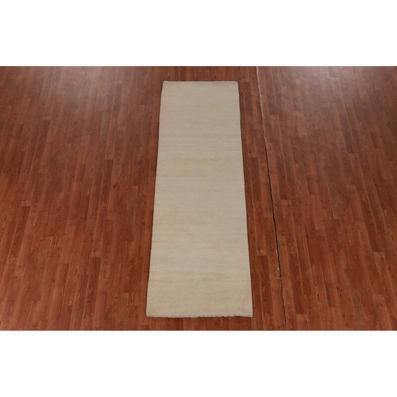 Hand Knotted Oriental 100% Wool Carpet Modern Solid Beige & Ivories Gabbeh Runner Rug - 8' 2'' X 2' 7''