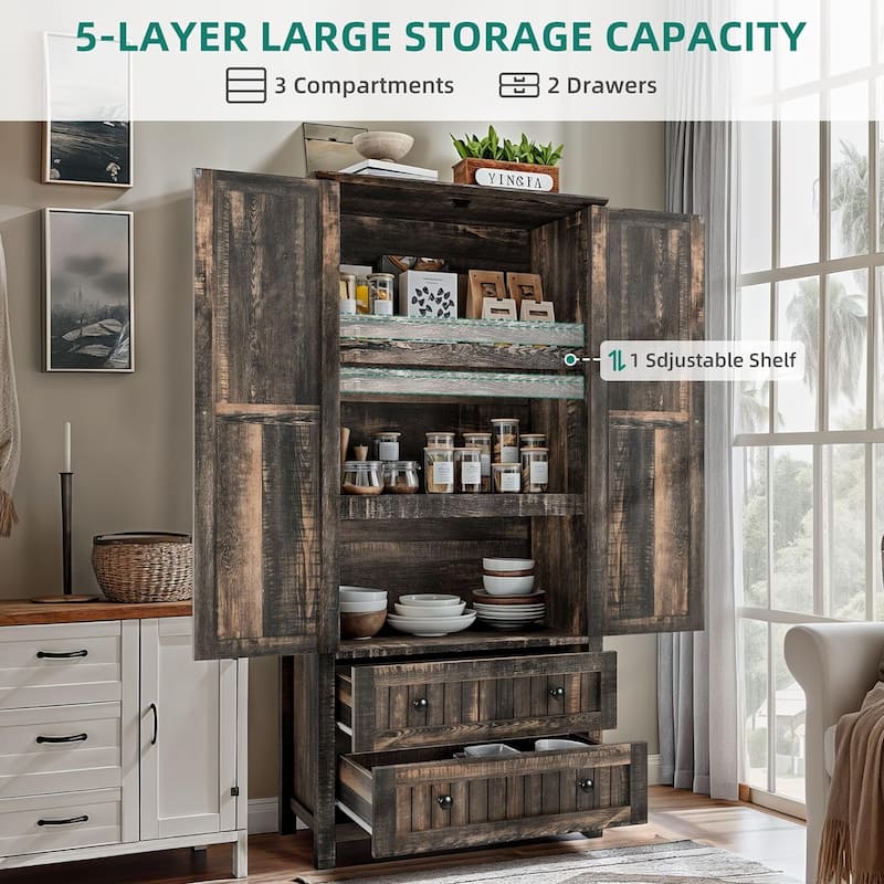 64" Farmhouse Tall Kitchen Pantry Storage Cabinet with 2 Drawers & Doors